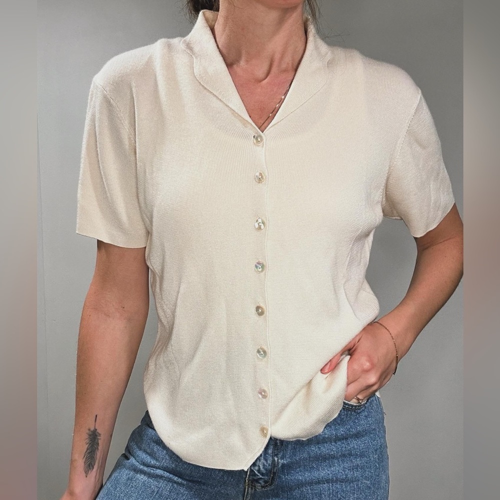 Vintage silky knit short sleeve button up cardigan